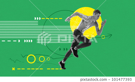 Contemporary art collage with young shirtless muscular man, professional athlete training, running over green stadium background. High speed Contemporary art collage with young shirtless muscular man, professional athlete training, running over green stadium background. High speed 101477393