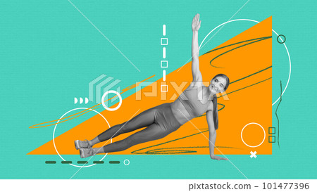 Contemporary art collage with beautiful sporty girl doing exercises over cyan background. Pilates, yoga training Contemporary art collage with beautiful sporty girl doing exercises over cyan background. Pilates, yoga training 101477396