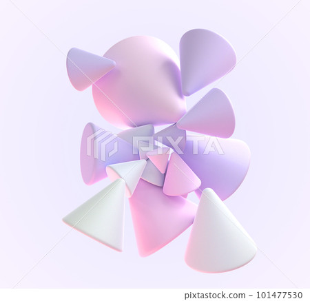 Abstract background with geometric shapes 3d render. Holographic cones with gradient texture, colorful composition of flying white pink purple figures in pastel color. 3D illustration 101477530