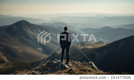 Businessman in a suit stands on top of a mountain, concept of success in business created with generative AI technology Businessman in a suit stands on top of a mountain, concept of success in business created with generative AI technology 101477606