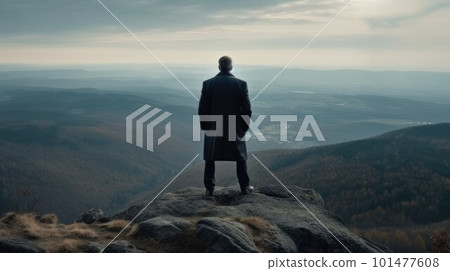 Businessman in a suit stands on top of a mountain, concept of success in business created with generative AI technology Businessman in a suit stands on top of a mountain, concept of success in business created with generative AI technology 101477608