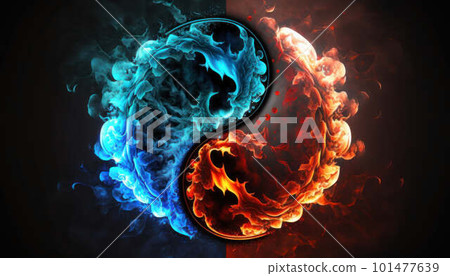 Yin-yang or Tai Chi symbol made of red and blue fire on black background created with generative AI technology Yin-yang or Tai Chi symbol made of red and blue fire on black background created with generative AI technology 101477639