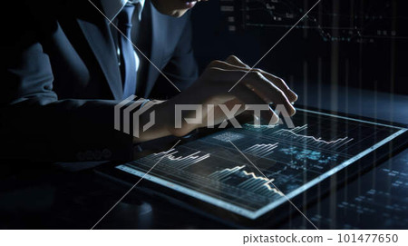 Businessman uses tablet computer at night, analyzing data created with generative AI technology 101477650