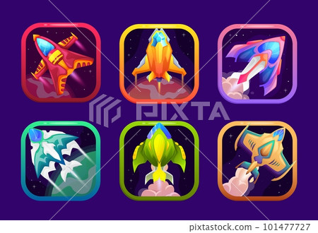 Space game app icons, UI frames and cartoon GUI for mobile application, vector spaceship galaxy adventure. Starship battle game square buttons template for interface of cosmic fantasy arcade Space game app icons, UI frames and cartoon GUI for mobile application, vector spaceship galaxy adventure. Starship battle game square buttons template for interface of cosmic fantasy arcade 101477727