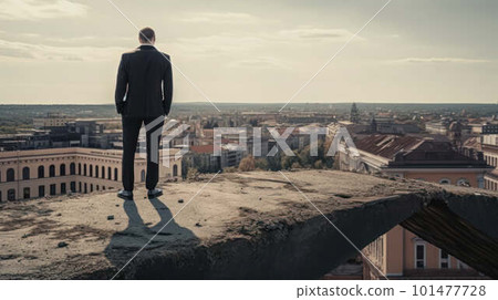 The businessman stands on the edge of the roof and looks at the city, the concept of success in business created with generative AI technology The businessman stands on the edge of the roof and looks at the city, the concept of success in business created with generative AI technology 101477728