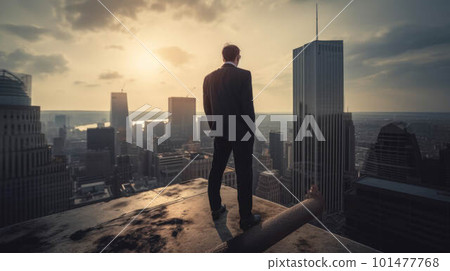 The businessman stands on the edge of the roof and looks at the city, the concept of success in business created with generative AI technology The businessman stands on the edge of the roof and looks at the city, the concept of success in business created with generative AI technology 101477768