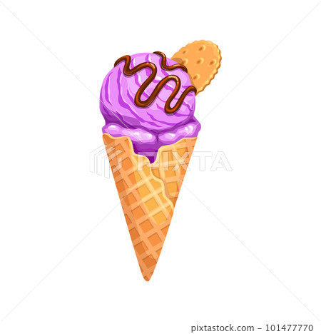 Cartoon ice cream. Gelateria parlor frozen dessert, confectionery shop dairy menu ice cream, cafe or restaurant dessert vanilla vector summer sundae, gelato ball in waffle cone with chocolate topping 101477770