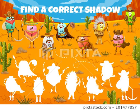 Find Correct Shadow of Wild West cartoon cowboy, sheriff, bandit and robber vitamin characters. Vector kids game worksheet with K, P, Cl, Ca, Fe, Zn, Cu, Mg food supplement capsules personages Find Correct Shadow of Wild West cartoon cowboy, sheriff, bandit and robber vitamin characters. Vector kids game worksheet with K, P, Cl, Ca, Fe, Zn, Cu, Mg food supplement capsules personages 101477857