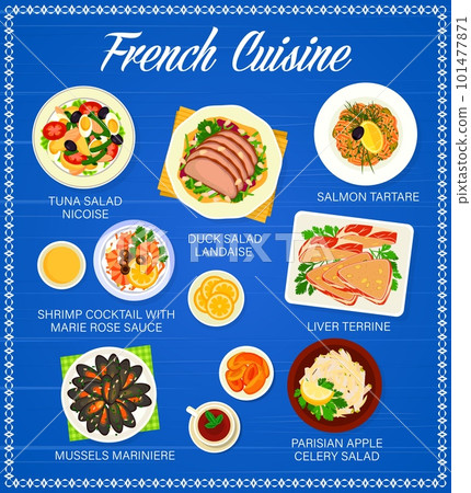 French cuisine menu, vector tuna salad nicoise, duck salad landaise and salmon tartare. Shrimp cocktail with marie rose sauce, liver terrine, mussels mariniere or parisian apple celery salad meals 101477871