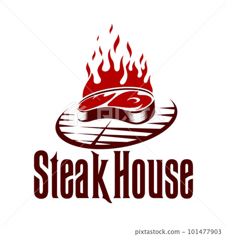 Steak grill icon, barbecue party or bbq restaurant meat food menu. Vector beef or pork, fire flame, grate or grid of charcoal grill isolated symbol of steak house or bbq bar, barbeque or picnic themes Steak grill icon, barbecue party or bbq restaurant meat food menu. Vector beef or pork, fire flame, grate or grid of charcoal grill isolated symbol of steak house or bbq bar, barbeque or picnic themes 101477903