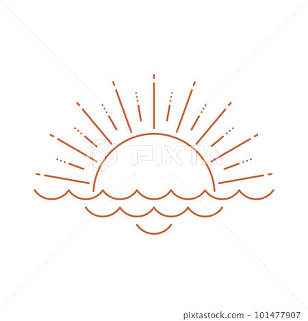 Bohemian sunrise or sunset linear logo, sun on sea or ocean waves. Vector boho style sacred sun rays, twinkling celestial body, meditation sign Bohemian sunrise or sunset linear logo, sun on sea or ocean waves. Vector boho style sacred sun rays, twinkling celestial body, meditation sign 101477907