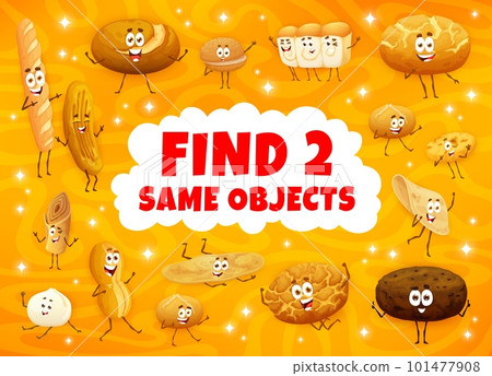 Cartoon bread, bakery and pastry characters. Find two same personages. Difference spotting kids quiz worksheet, details search vector puzzle with baguette, loaf bread, tortilla and shokupan, cunape 101477908