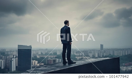 The businessman stands on the edge of the roof and looks at the city, the concept of success in business created with generative AI technology 101477942