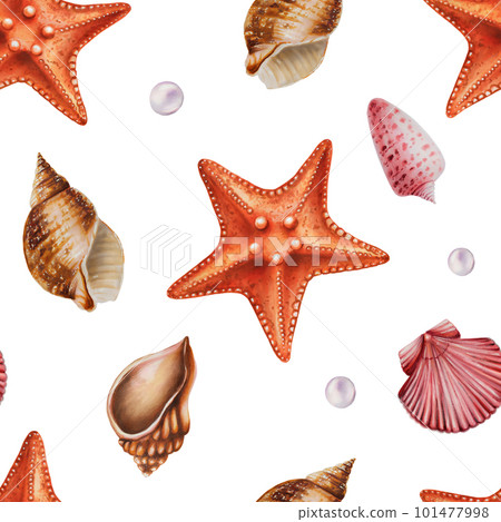 Watercolor seamless pattern with sea star and shells. Hand painting clipart underwater life objects on a white isolated background. For designers, decoration, postcards, wrapping paper, scrapbooking Watercolor seamless pattern with sea star and shells. Hand painting clipart underwater life objects on a white isolated background. For designers, decoration, postcards, wrapping paper, scrapbooking 101477998