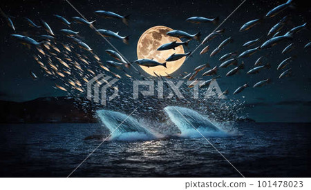 Fish jumping out of the water at night with the moon at the background created with generative AI technology 101478023