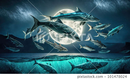 Fish jumping out of the water at night with the moon at the background created with generative AI technology 101478024