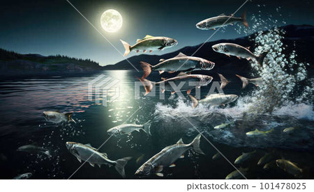 Fish jumping out of the water at night with the moon at the background created with generative AI technology 101478025