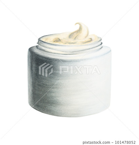 Watercolor skincare illustration. Face cream in a jar. Isolated on white background. Beauty products and botany elements, cosmetology and medicine. For designers, spa decoration, postcards, wrapping 101478052
