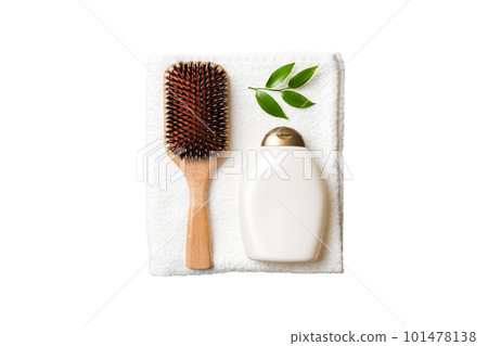 cosmetic for hair care, cream and towel isolated on white background top view. flat lay 101478138
