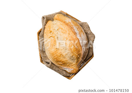 Freshly baked bread on basket isolated on white background. top view bread copy space Freshly baked bread on basket isolated on white background. top view bread copy space 101478150