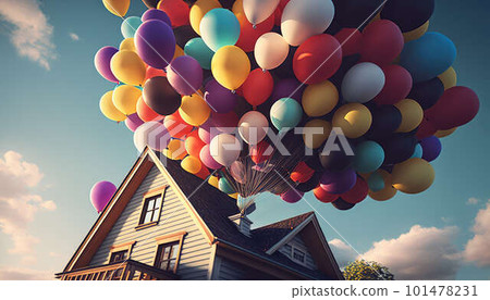 A bundle of balloons above the house, the concept of buying a new house created with generative AI technology 101478231