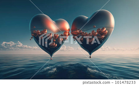 Heart-shaped balloons over the sea created with generative AI technology 101478233