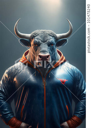 Bull dressed in tracksuit created with generative AI technology 101478240
