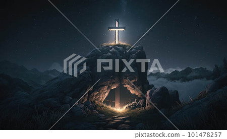 Cross standing on high rock glowing at night created with generative AI technology Cross standing on high rock glowing at night created with generative AI technology 101478257