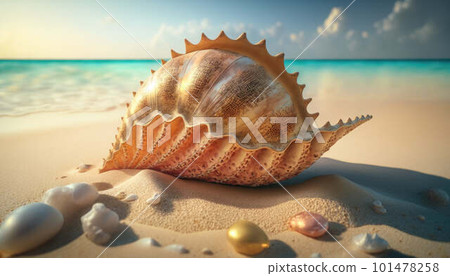 Large shell lying on sand on Caribbean beach created with generative AI technology 101478258