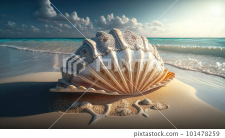 Large shell lying on sand on Caribbean beach created with generative AI technology Large shell lying on sand on Caribbean beach created with generative AI technology 101478259