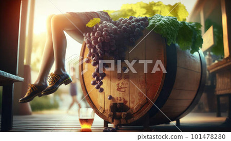 Woman rests in a barrel of grapes after wine tasting created with generative AI technology Woman rests in a barrel of grapes after wine tasting created with generative AI technology 101478280