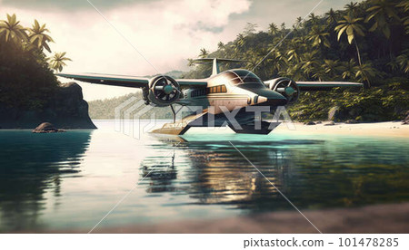 Hydroplane sits on water on Caribbean island created with generative AI technology 101478285