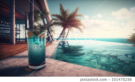 Cocktail on the edge of the pool overlooking the sea, holiday concept created with generative AI technology 101478286