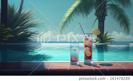 Cocktail on the edge of the pool overlooking the sea, holiday concept created with generative AI technology Cocktail on the edge of the pool overlooking the sea, holiday concept created with generative AI technology 101478289