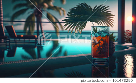 Cocktail on the edge of the pool overlooking the sea, holiday concept created with generative AI technology Cocktail on the edge of the pool overlooking the sea, holiday concept created with generative AI technology 101478290