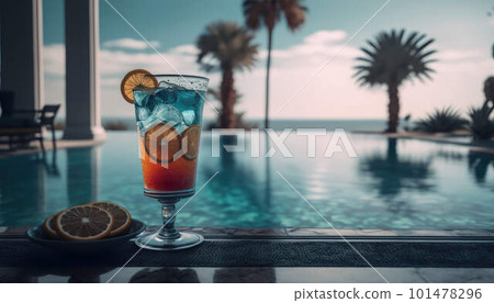 Cocktail on the edge of the pool overlooking the sea, holiday concept created with generative AI technology Cocktail on the edge of the pool overlooking the sea, holiday concept created with generative AI technology 101478296