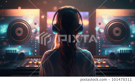 Woman DJ view from behind created with generative AI technology 101478311