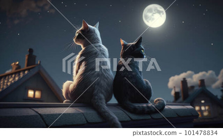 Two cat lovers sit on the roof at night created with generative AI technology Two cat lovers sit on the roof at night created with generative AI technology 101478834