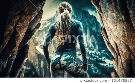 Female climber prepares to climb created with generative AI technology 101478837