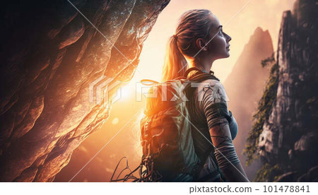 Female climber prepares to climb created with generative AI technology 101478841