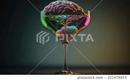 Brain in a glass of alcohol, the concept of harm to alcohol and alcohol dependence created with generative AI technology Brain in a glass of alcohol, the concept of harm to alcohol and alcohol dependence created with generative AI technology 101478855