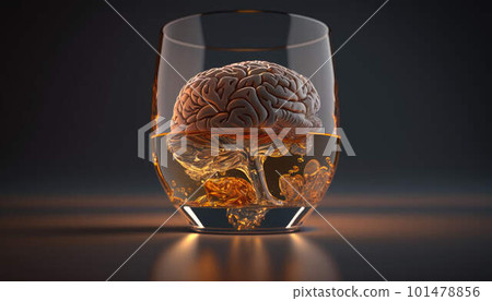 Brain in a glass of alcohol, the concept of harm to alcohol and alcohol dependence created with generative AI technology 101478856