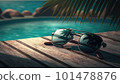 Sunglasses lying on the edge of the pool against the background of the sea and palm trees with a reflection in them, holiday concept created with generative AI technology 101478876
