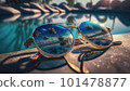 Sunglasses lying on the edge of the pool against the background of the sea and palm trees with a reflection in them, holiday concept created with generative AI technology 101478877