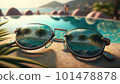 Sunglasses lying on the edge of the pool against the background of the sea and palm trees with a reflection in them, holiday concept created with generative AI technology 101478878