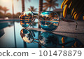 Sunglasses lying on the edge of the pool against the background of the sea and palm trees with a reflection in them, holiday concept created with generative AI technology 101478879