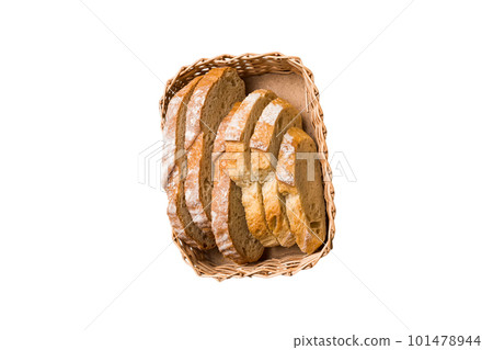 Freshly baked bread slices on basket isolated on white background. top view Sliced bread Freshly baked bread slices on basket isolated on white background. top view Sliced bread 101478944
