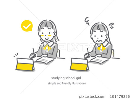 A high school girl who is doing well in online learning and a high school girl who is struggling Simple and cute line drawing illustration A high school girl who is doing well in online learning and a high school girl who is struggling Simple and cute line drawing illustration 101479256