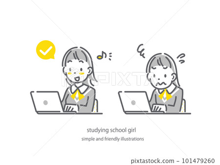 一個計算機學習成績好的女高中生和一個苦苦掙扎的女高中生 簡單可愛的線描插圖 一個計算機學習成績好的女高中生和一個苦苦掙扎的女高中生 簡單可愛的線描插圖 101479260