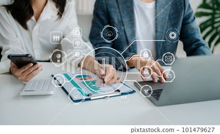 Business team present professional investor working new start up project. Digital tablet laptop computer Finance managers meeting with digital marketing media in virtual icon in morning light. 101479627